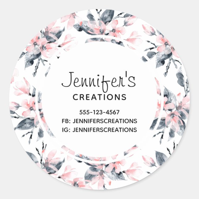 Pegatina Redonda Patrón de acuarela floral rosa y gris (Anverso)