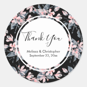 Pegatina Redonda Patrón de acuarela floral rosa y gris gracias