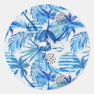 Pegatina Redonda Patrón de acuarela tropical azul brillante