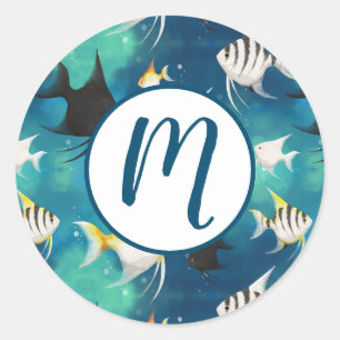 Pegatina Redonda Patrón de acuario de peces angulares