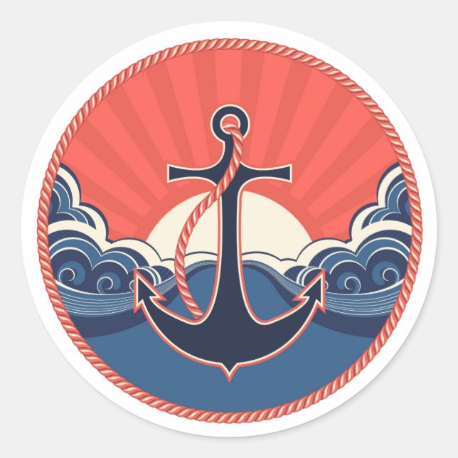 Pegatina Redonda Patrón De Ancla Y Ola De Mar (Anverso)