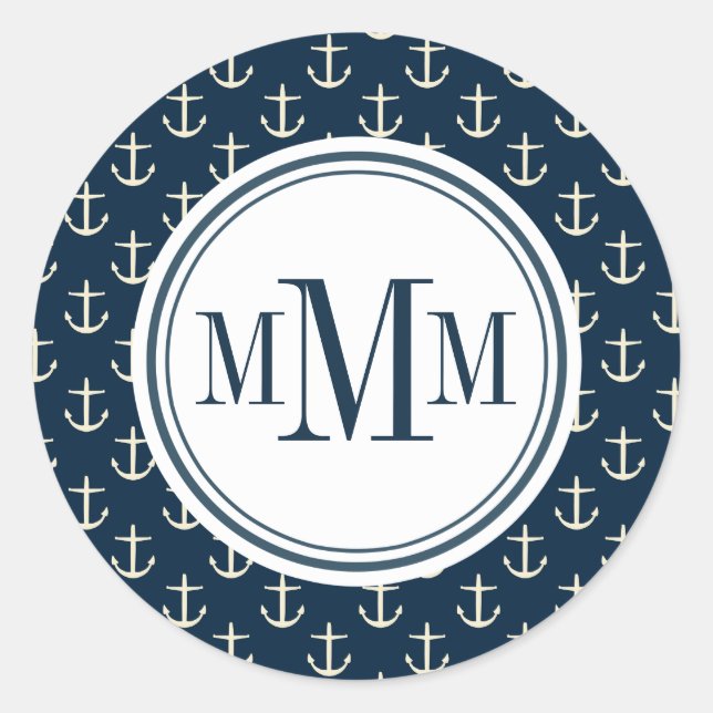 Pegatina Redonda Patrón de anclaje de trio monograma (Anverso)