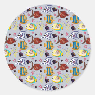 Pegatina Redonda Patrón de animales acuáticos   vida subacuática de