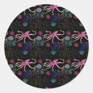 Pegatina Redonda Patrón de animales acuáticos vida submarina en l