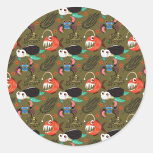 Pegatina Redonda Patrón de animales acuáticos vida submarina en l