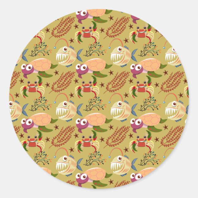 Pegatina Redonda Patrón de animales acuáticos | vida submarina en l (Anverso)