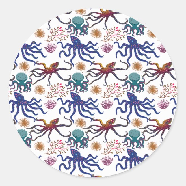 Pegatina Redonda Patrón de animales acuáticos | vida submarina en l (Anverso)