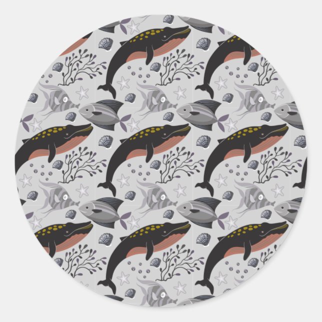 Pegatina Redonda Patrón de animales acuáticos | vida submarina en l (Anverso)