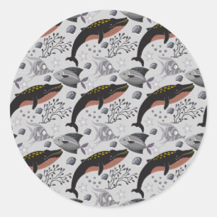 Pegatina Redonda Patrón de animales acuáticos   vida submarina en l