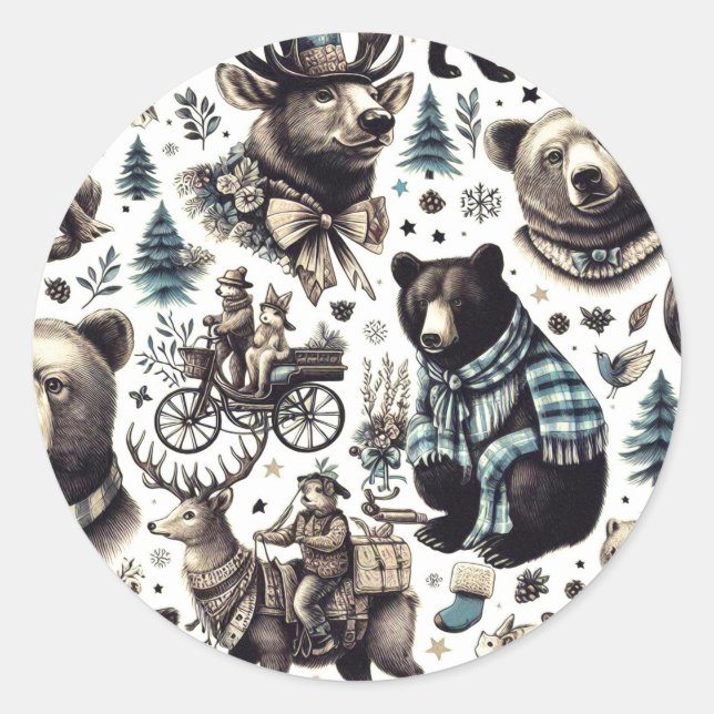 Pegatina Redonda Patrón de animales de invierno vintage (Anverso)