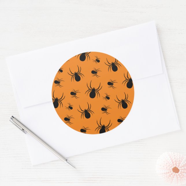 Pegatina Redonda Patrón de arañas de Halloween Negro y Naranja (Sobre)