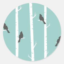 Pegatina Redonda Patrón de árbol de aves azul Verde azulado simple