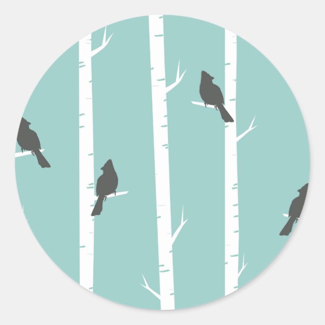 Pegatina Redonda Patrón de árbol de aves azul Verde azulado simple (Anverso)