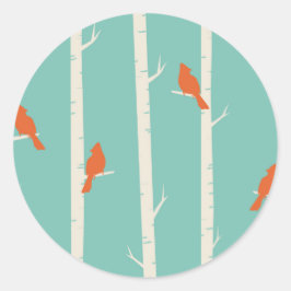 Pegatina Redonda Patrón de árbol de aves azul Verde azulado simple