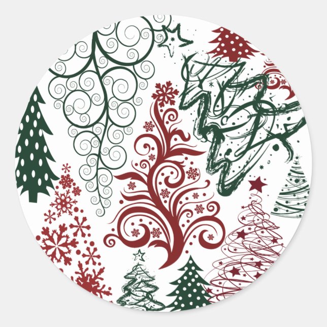 Pegatina Redonda Patrón de árbol de navidad verde rojo (Anverso)