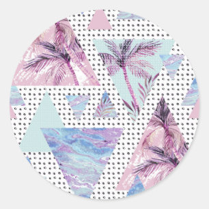Pegatina Redonda Patrón de árbol de palma rosa y azul