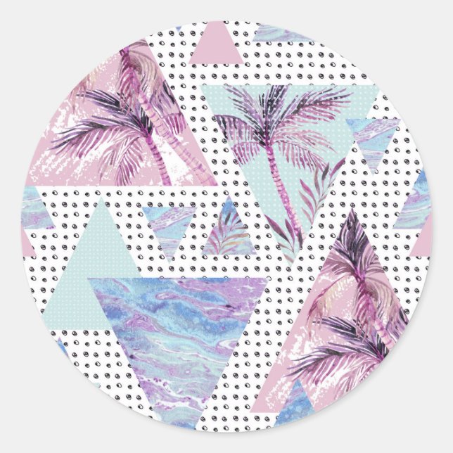 Pegatina Redonda Patrón de árbol de palma rosa y azul (Anverso)