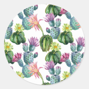 Pegatina Redonda Patrón de arte de Cacti de color acuático