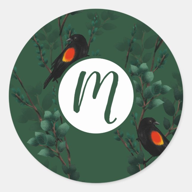Pegatina Redonda Patrón de ave negra de ala roja (Anverso)