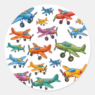 Pegatina Redonda Patrón de Aviones Antiguos Coloridos – Aviación Re