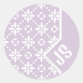Pegatina Redonda Patrón de baldosas de flores blancas en monograma 