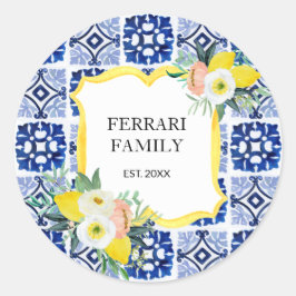 Pegatina Redonda Patrón de baldosas mediterráneas italianas de limó