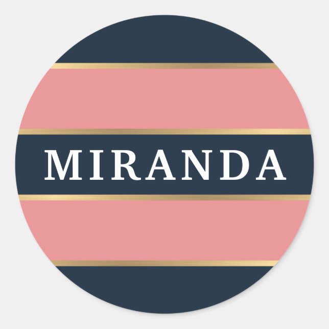 Pegatina Redonda Patrón de banda dorada azul rosa negrita (Anverso)