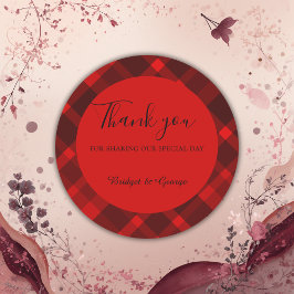 Pegatina Redonda patrón de boda de tartán celta negro rojo