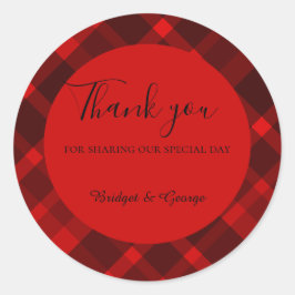 Pegatina Redonda patrón de boda de tartán celta negro rojo