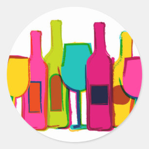 Pegatina Redonda Patrón de botellas de vino coloridas lindas