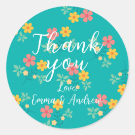 Pegatina Redonda Patrón de Bouquet Green Daisy Vintage