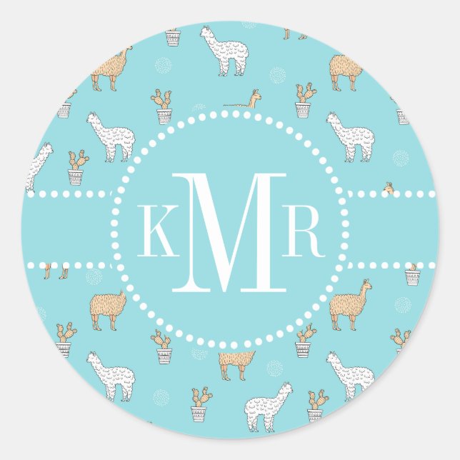 Pegatina Redonda Patrón de cactus de cúrcute Alpaca Llama (Anverso)