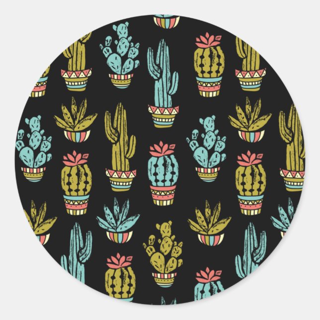 Pegatina Redonda Patrón de cactus de grunge oscuro (Anverso)