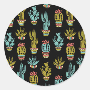 Pegatina Redonda Patrón de cactus de grunge oscuro