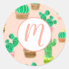 Pegatina Redonda Patrón de cactus pulido de mano