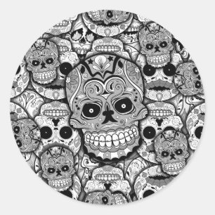 Pegatina Redonda Patrón de calaveras azucareras