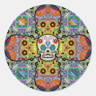 Pegatina Redonda Patrón de calaveras azucareras