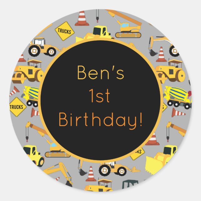 Pegatina Redonda Patrón de camiones de construcción personalizados (Anverso)