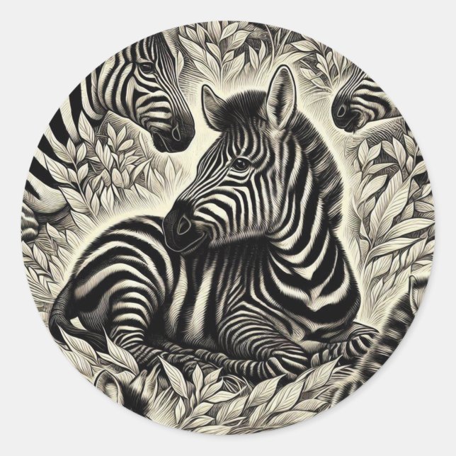 Pegatina Redonda Patrón de cebra de época (Anverso)