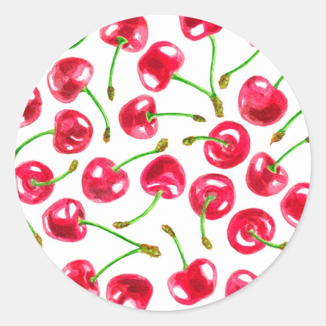 Pegatina Redonda Patrón de cerezas de color agua (Anverso)