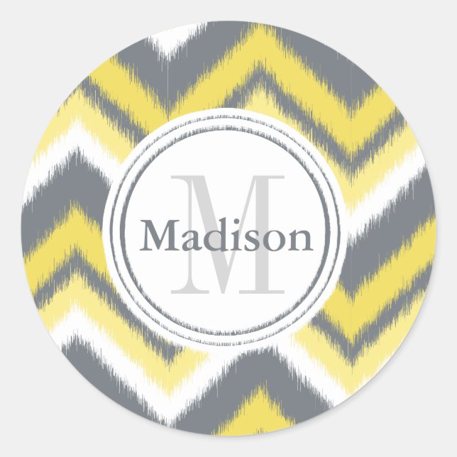 Pegatina Redonda Patrón de chequeo de Ikat amarillo gris monogramad (Anverso)