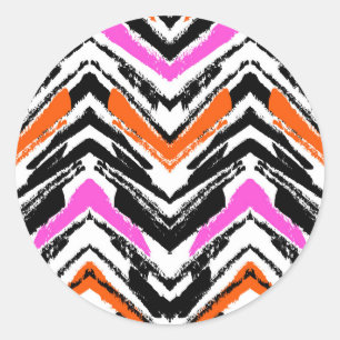 Pegatina Redonda Patrón De Chevron Dibujado A Mano Negra, Naranja 
