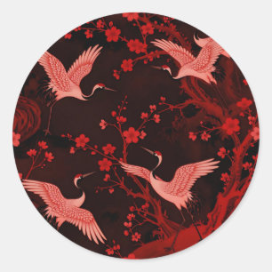 Pegatina Redonda Patrón de chinoiserie de flor de cerezo de grulla