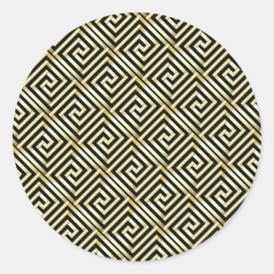 Pegatina Redonda Patrón de clave griega negro, dorado
