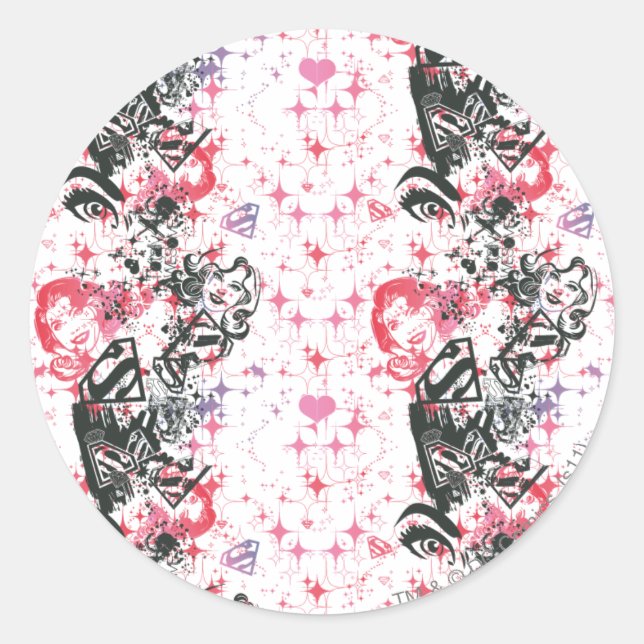 Pegatina Redonda Patrón de Collage de superchica (Anverso)