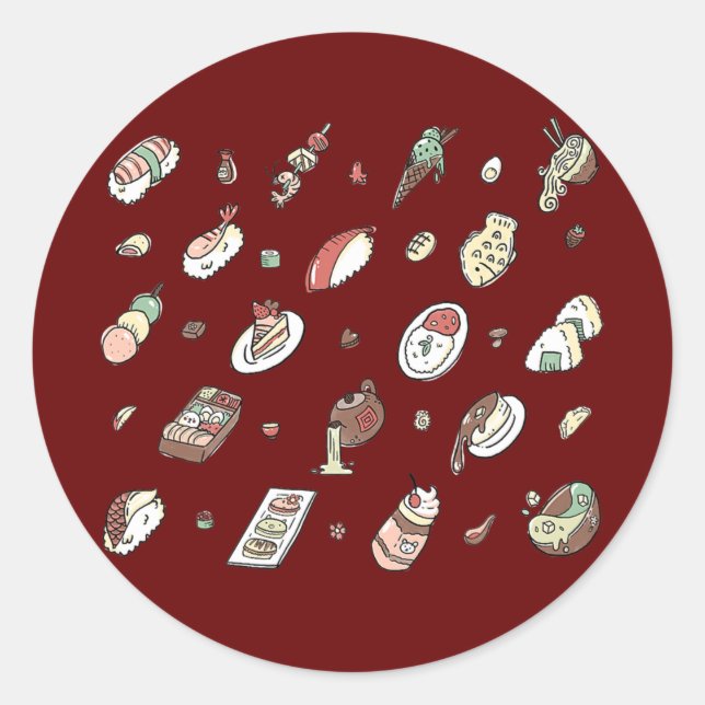 Pegatina Redonda Patrón de comida japonesa Sushi Ramen Tea Bento Bo (Anverso)