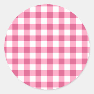 Pegatina Redonda Patrón De Comprobación De Gingham Rosado Y Blanco