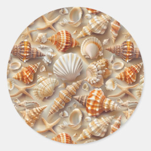 Pegatina Redonda Patrón de conchas marinas de elegancia costera