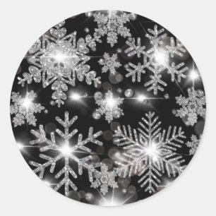 Pegatina Redonda Patrón de copo de nieve festivo de plata Purpurino