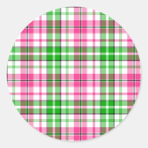 Pegatina Redonda Patrón de cuadros escoceses rosa y verde sobre bla